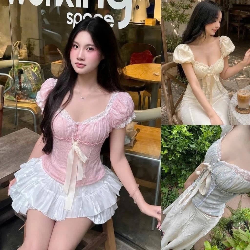 [Có Bigsize S-XXXXL] Áo Corset Tay Phồng Phối Nơ Ngực “Xô Thêu Hoa” Tiểu Thư Hàn Quốc Ananclothing