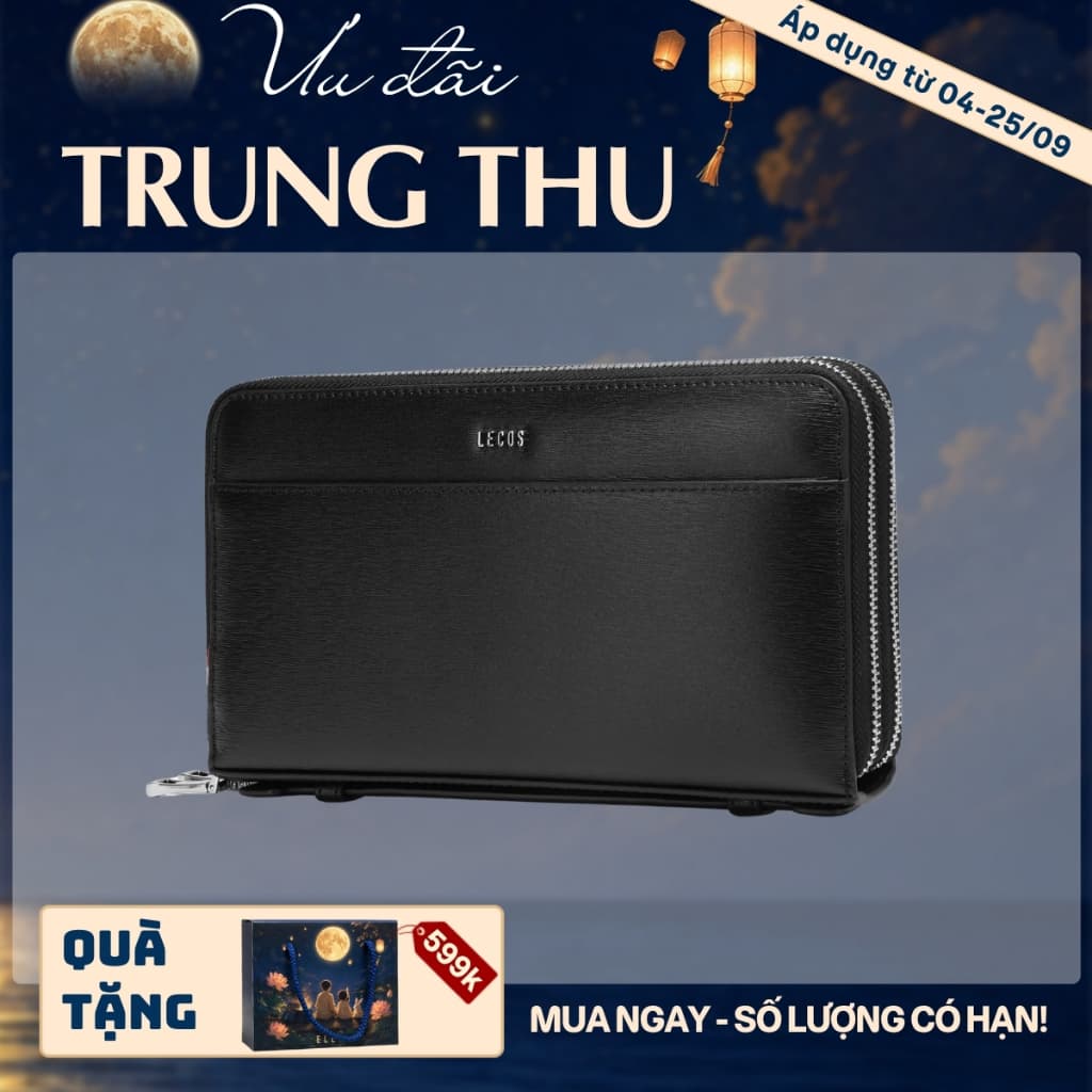 [4-25/9 TẶNG QUÀ TRUNG THU 599K] Túi Clutch Nam LECOS LC6 Da Bò Thật Quai Đeo Cổ Tay Tiện Lợi Dự Tiệc