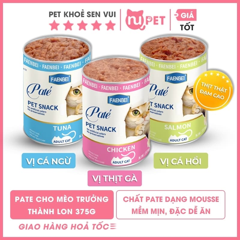 Pate lon dạng mousse FAENBEI 375g, thức ăn ướt cho mèo giàu đạm, bổ sung omega 3 từ cá hồi