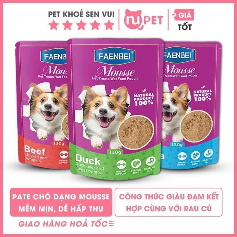 [HỎA TỐC] Thức ăn ướt cho chó dạng mềm mịn FAENBEI gói 130g, pate chó kết hợp giữa thịt và rau củ