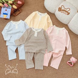 Bộ Dài Tay Kẻ Caro Bunny Cho Bé, Bộ Quần Áo Trẻ Em Caro Pastel Mềm Mại Thoáng Mát 4 Màu Đáng Yêu 1