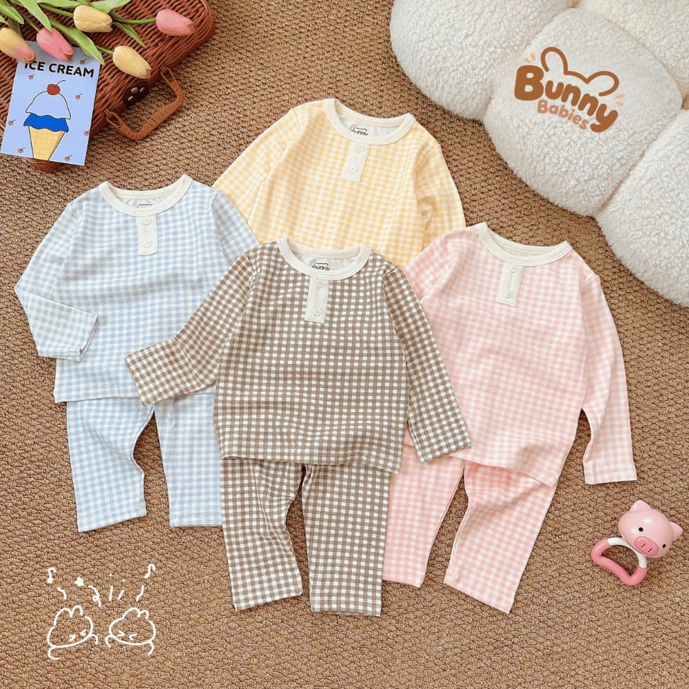 Bộ Dài Tay Kẻ Caro Bunny Cho Bé, Bộ Quần Áo Trẻ Em Caro Pastel Mềm Mại Thoáng Mát 4 Màu Đáng Yêu