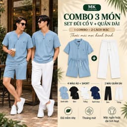 Combo 3 Món Set Bộ Đũi Cổ V + Quần Dài Cạp Chun MKCLEVER Thoáng Mát, Mặc Đi Chơi Đi Làm 1