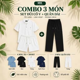 Combo 3 Món Set Bộ Đũi Cổ V + Quần Dài Cạp Chun MKCLEVER Thoáng Mát, Mặc Đi Chơi Đi Làm 5
