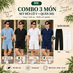 Combo 3 Món Set Bộ Đũi Cổ V + Quần Dài Cạp Chun MKCLEVER Thoáng Mát, Mặc Đi Chơi Đi Làm 3