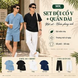 Combo 3 Món Set Bộ Đũi Cổ V + Quần Dài Cạp Chun MKCLEVER Thoáng Mát, Mặc Đi Chơi Đi Làm 4