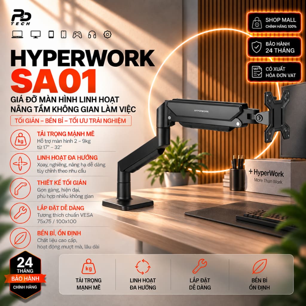 Arm Màn Hình HyperWork Core Arm SA01 Chính Hãng – Giá Treo Monitor VESA Linh Hoạt