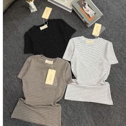(Dmina) Áo thun nữ dáng ôm body hoạ tiết sọc chất liệu thun nhập cộc tay cổ tròn basic dễ phối đồ 5