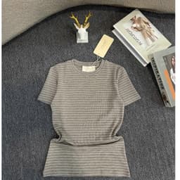 (Dmina) Áo thun nữ dáng ôm body hoạ tiết sọc chất liệu thun nhập cộc tay cổ tròn basic dễ phối đồ 3