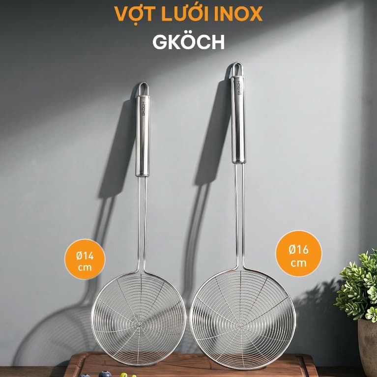 Vợt Lưới Inox GKÖCH Germany, Inox 304, Đa Năng, Dễ Vệ Sinh, 2 loại ĐK 14/16cm, Cán Dài