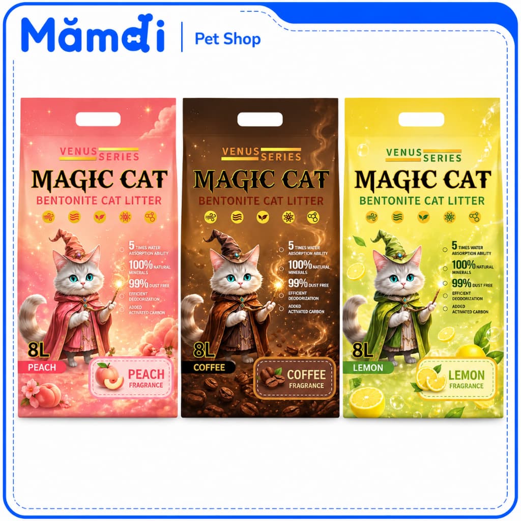 Cát Mèo Magic Cat 8L - 4KG | Cát Bentonite Vón Cục Nhanh Ít Bụi Khử Mùi 3 Hương Đào, Cà Phê, Chanh