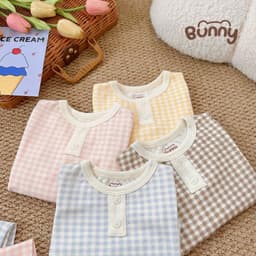 Bộ Dài Tay Kẻ Caro Bunny Cho Bé, Bộ Quần Áo Trẻ Em Caro Pastel Mềm Mại Thoáng Mát 4 Màu Đáng Yêu 6
