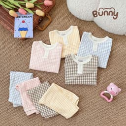 Bộ Dài Tay Kẻ Caro Bunny Cho Bé, Bộ Quần Áo Trẻ Em Caro Pastel Mềm Mại Thoáng Mát 4 Màu Đáng Yêu 5