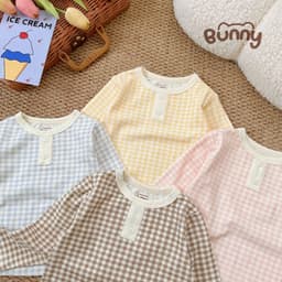 Bộ Dài Tay Kẻ Caro Bunny Cho Bé, Bộ Quần Áo Trẻ Em Caro Pastel Mềm Mại Thoáng Mát 4 Màu Đáng Yêu 7