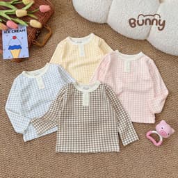 Bộ Dài Tay Kẻ Caro Bunny Cho Bé, Bộ Quần Áo Trẻ Em Caro Pastel Mềm Mại Thoáng Mát 4 Màu Đáng Yêu 3