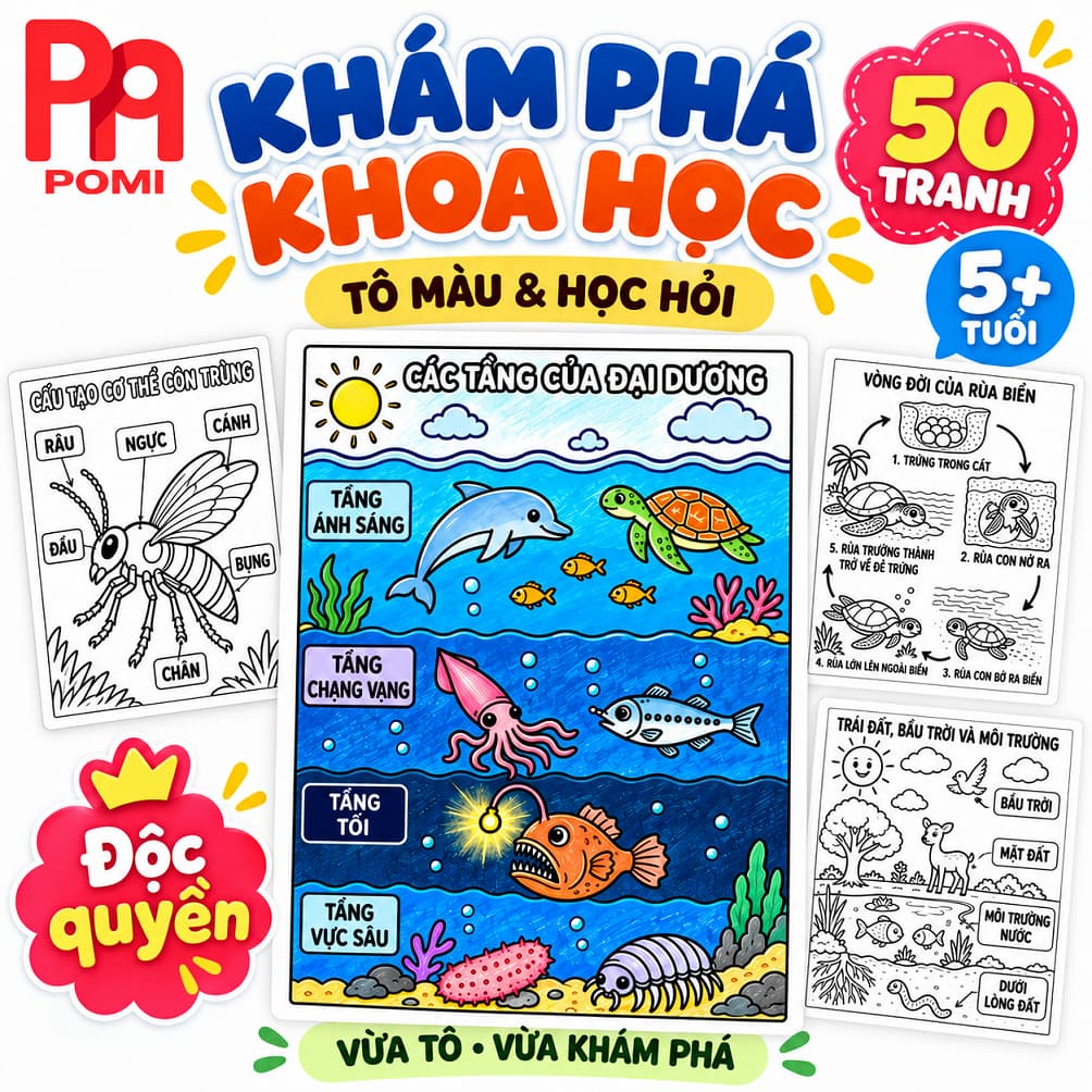 Set Tranh Tô Màu Khám Phá Thế Giới Khoa Học Tự Nhiên Dành Cho Bé Mầm Non Tiểu Học - Học Liệu POMI