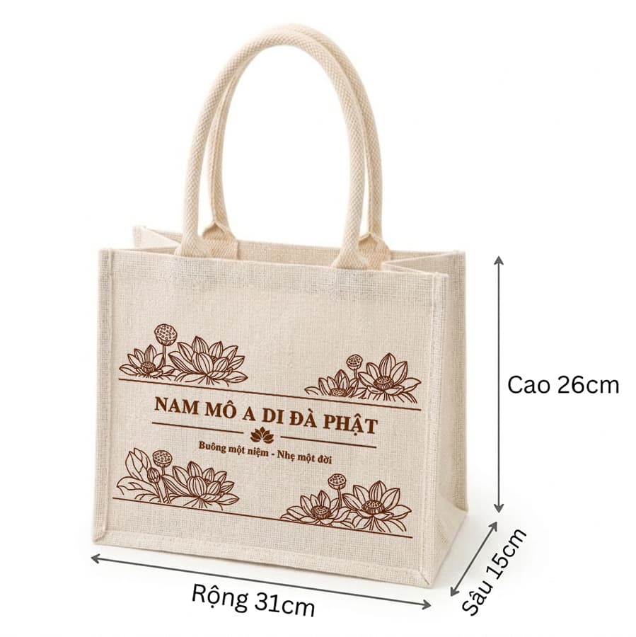 Túi xách túi đay Phật Pháp A di đà Phật kích thước 31x26x15cm rộng rãi có khóa bấm Tdaya1050