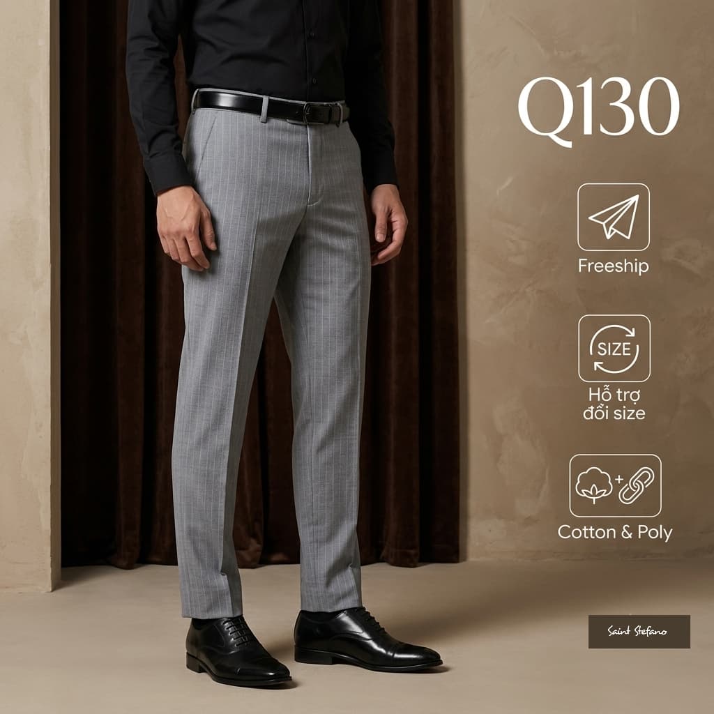 Quần Kẻ Sọc Q130 Cạp Đỉa Dùng Thắt Lưng Ghi Ánh Xanh Cotton Poly Thoáng Mát