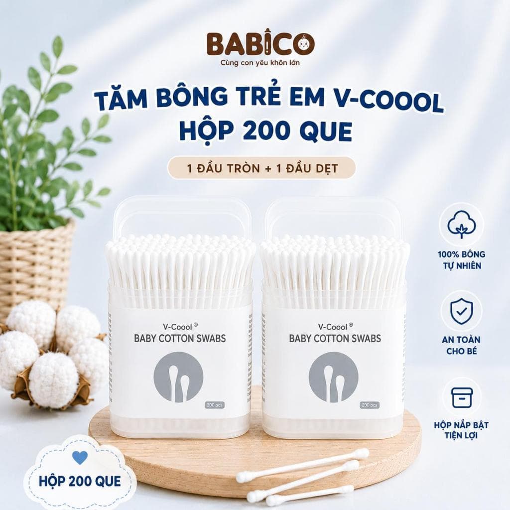 Tăm bông trẻ em Vcoool kháng khuẩn ( hộp 200 que, 400 que lõi giấy) cho bé sơ sinh