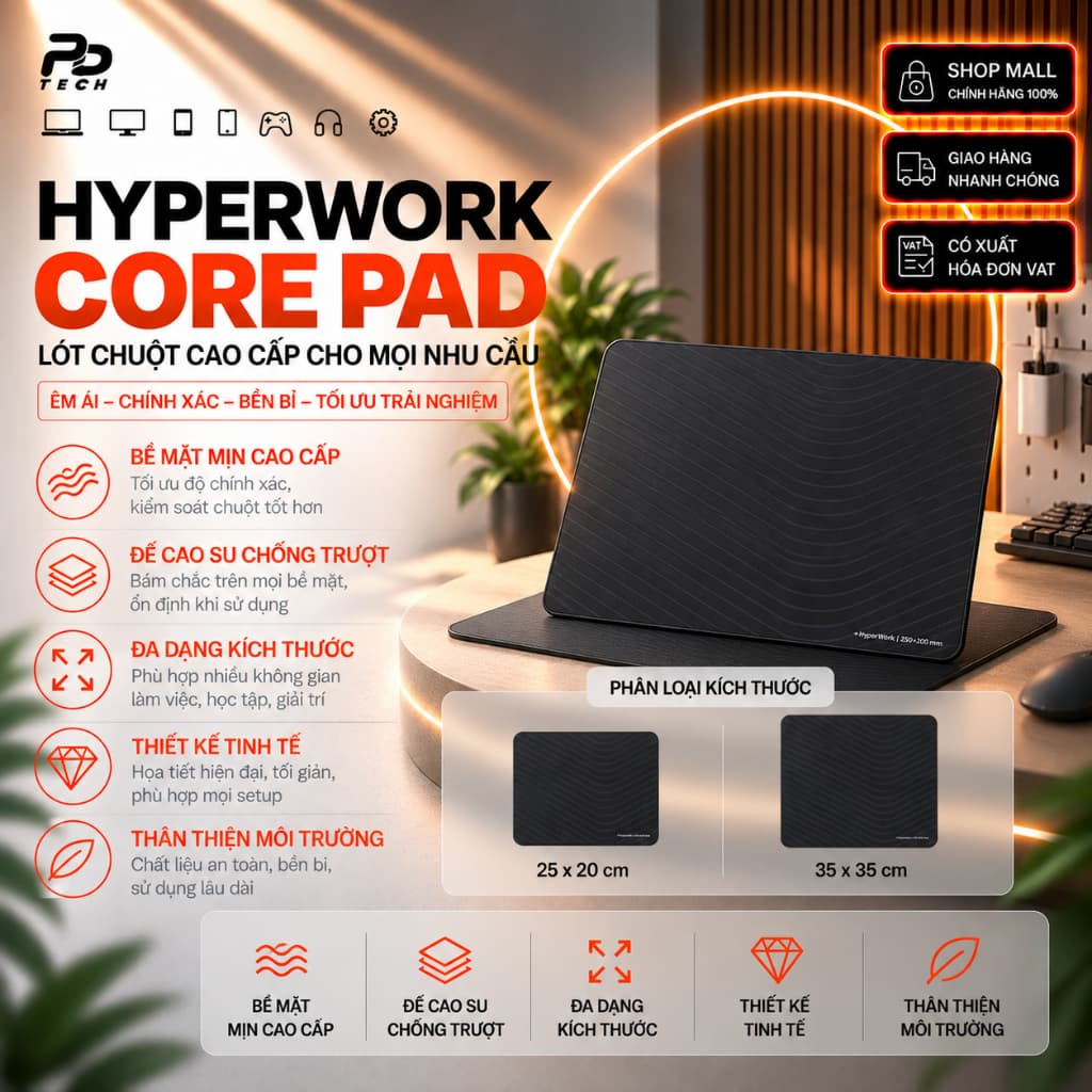 Pad Chuột HyperWork Core Pad - Chống Trượt Chống Nước Bề Mặt Vải Mịn 4mm Lót Chuột Máy Tính Văn Phòng Gaming