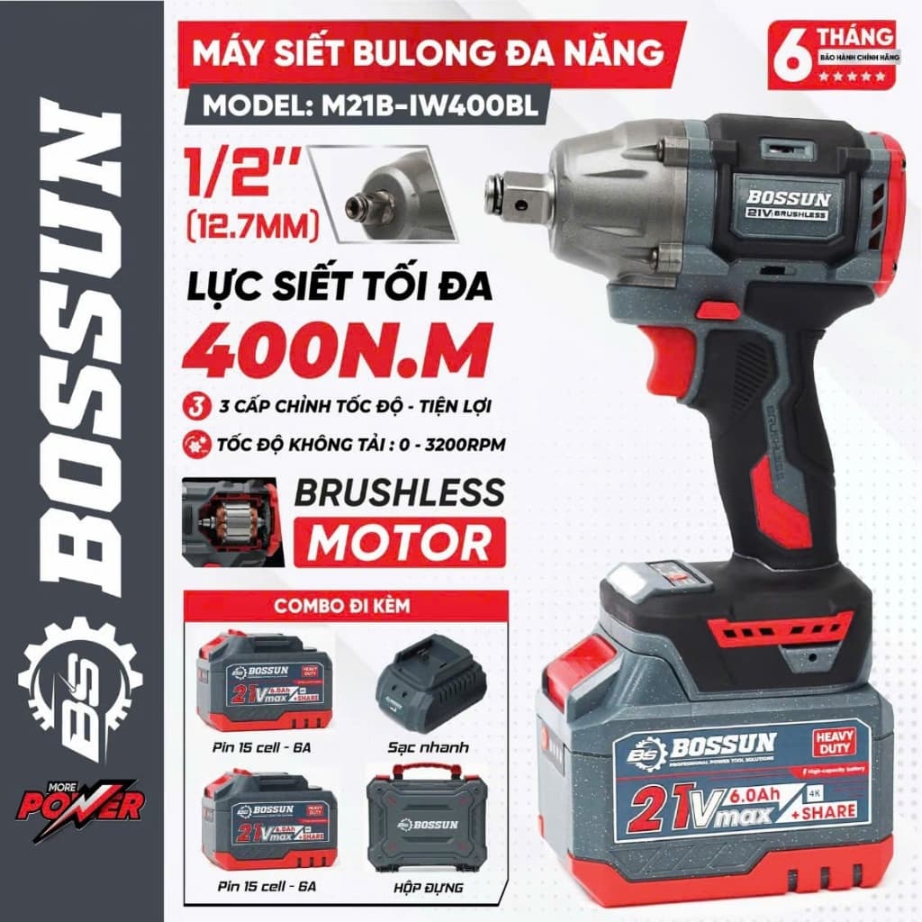 1 Máy Siết Bulong Bắn Vít BOSSUN M21B-IW400BL - Động Cơ Không Chổi Than, Lõi Đồng, Lực Siết 400Nm, 3 Cấp Tốc Độ
