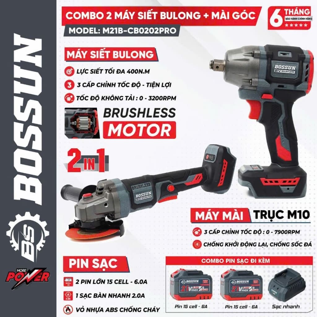 1 [COMBO 2 Máy] Máy Siết Bulong / Máy Mài Pin Bossun M21B-CB0202PRO - Chân Pin Phổ Thông, không Chổi Than, Lõi Đồng