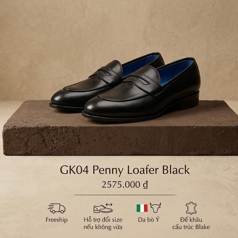 GIÀY PENNY LOAFER GK04 BLACK – DA BÒ Ý, KHÂU ĐẾ BLAKE THỦ CÔNG