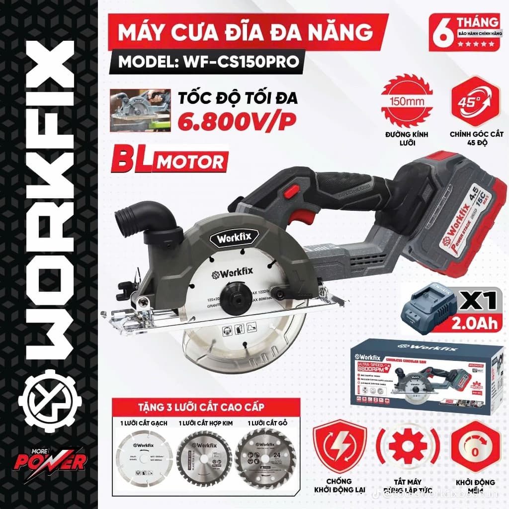 1 Máy cưa đĩa đa năng WORKFIX WF-CS150PRO, Tốc độ 6800v/p, Đường kính tối đa 150mm, Tặng 3 lưỡi cắt