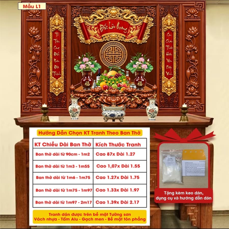 Tranh Dán Tường Phòng Thờ Gia Tiên Trang Nghiêm Dễ Dán - Vải Lụa Kim Tuyến Cao Cấp(Gửi Kèm Keo dán)