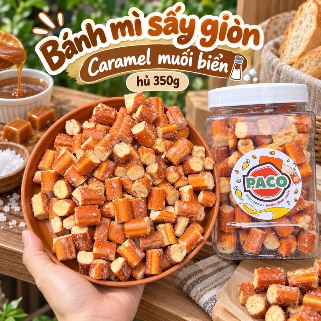 Bánh Mì Sấy Giòn Caramel Muối Biển Paco Food Hủ 350g – Đồ Ăn Vặt Giòn Rụm Thơm Béo, Bánh Mì Caramel Ngọt Mặn Ăn Là Ghiền