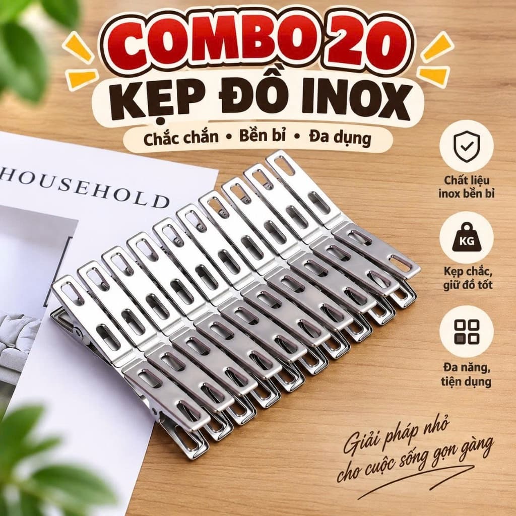 Combo 20 Kẹp Inox Phơi Quần Áo, Chăn Mền Bền Chắc 4x2cm