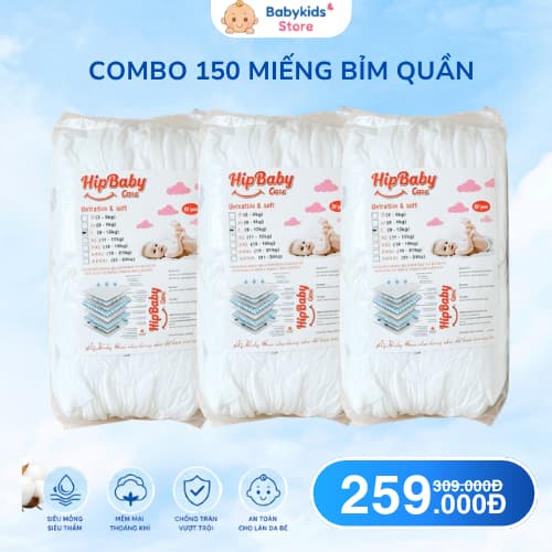 [Rẻ Vô Địch] Combo 150 Miếng Bỉm Quần HIPBABYCARE Thấm Hút Tốt, Mềm Mại Đủ Size S-6XL, Bỉm Chất Lượng Giá Rẻ