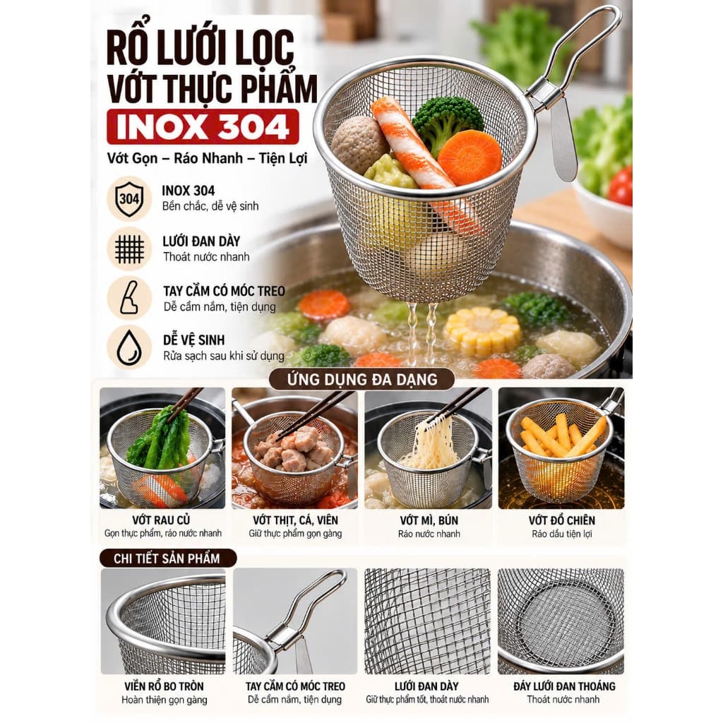 Rổ Lưới Inox 304 Vớt Thực Phẩm Có Tay Cầm – Rổ Lọc Mì Bún, Rau Củ, Đồ Lẩu, Đồ Chiên Gọn Đẹp