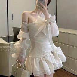 VÁY THIẾT KẾ LỆCH VAI  TAY DÀI ĐÍNH NƠ DỰ TIỆC SANG CHẢNH anan clothing 6