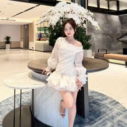 VÁY THIẾT KẾ LỆCH VAI  TAY DÀI ĐÍNH NƠ DỰ TIỆC SANG CHẢNH anan clothing 9