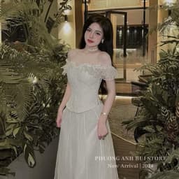 Set áo gấm cánh tiên trễ vai đan dây corset eo phối chân váy maxi tơ lưới bồng bềnh 6