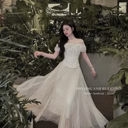 Set áo gấm cánh tiên trễ vai đan dây corset eo phối chân váy maxi tơ lưới bồng bềnh 7