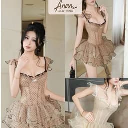 Đầm Lưới Chấm Bi Corset Tay Cánh Tiên Dáng Xòe Tầng Gợn Sóng Gợi Cảm Ananclothing 1