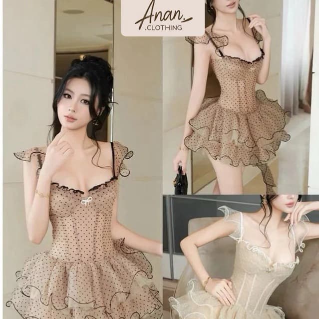 Đầm Lưới Chấm Bi Corset Tay Cánh Tiên Dáng Xòe Tầng Gợn Sóng Gợi Cảm Ananclothing
