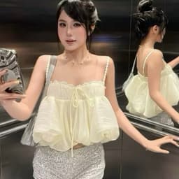 Áo Hai Dây Voan Bồng Babydoll Màu Kem Phối Ren Ngực Nơ Nhẹ Nhàng Nữ Tính Mặc Đi Biển Đi Chơi 2