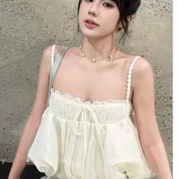 Áo Hai Dây Voan Bồng Babydoll Màu Kem Phối Ren Ngực Nơ Nhẹ Nhàng Nữ Tính Mặc Đi Biển Đi Chơi 3