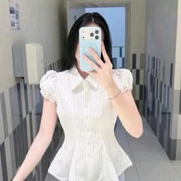 Áo Sơ Mi Nữ Kẻ Sọc Tay Phồng Chiết Eo Cổ Đức Dáng Peplum Thanh Lịch Công Sở Hàn Quốc 8