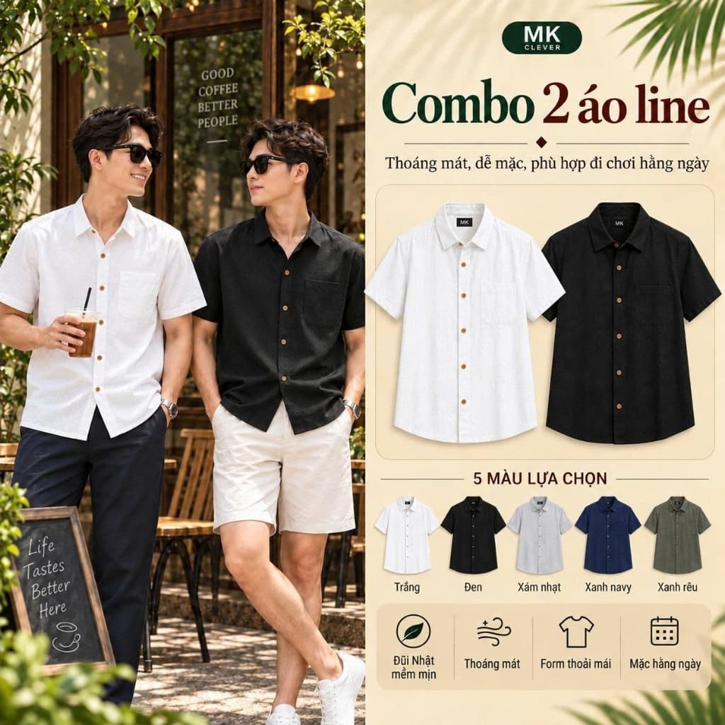 Combo 2 Áo sơ mi Cổ Đức Line cho Nam MKCLEVER Chất Vải đũi dễ mặc dễ phối, Thoáng Mát, Vận Động Thoải Mái