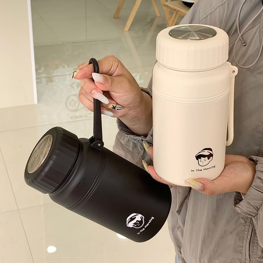 Bình nước giữ nhiệt miệng rộng Chibi 1000ml và Inox 2 Lớp Vỏ Bạc 8008. 1500ml