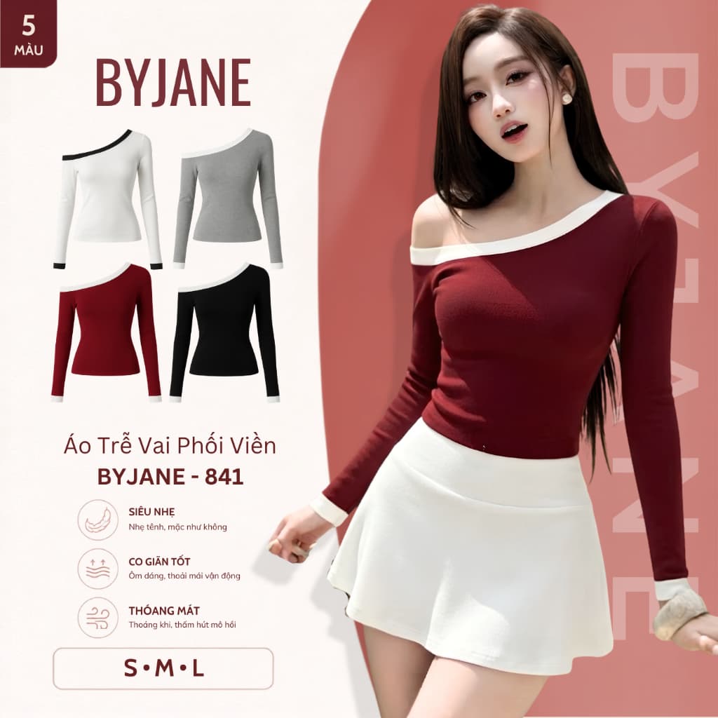 [ MÀU MỚI ] Áo Thun Trễ Vai Tay Dài Phối Viền siêu co dãn mềm mịn - BYJANE - 841