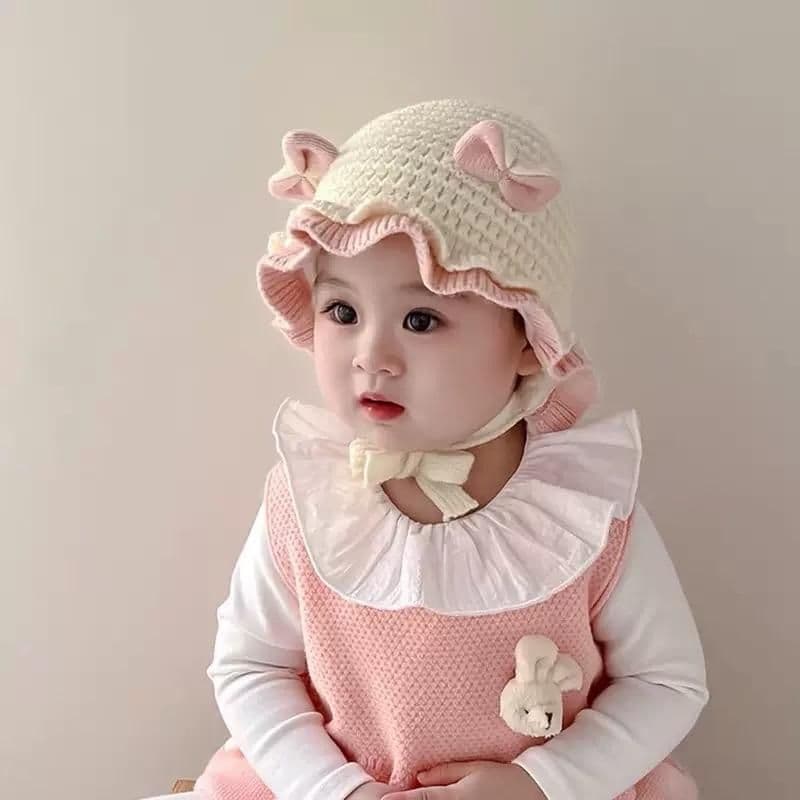 M172 Mũ Len Bèo Tai Nơ Dễ Thương Cho Bé Đáng Yêu  3m-2 tuổi