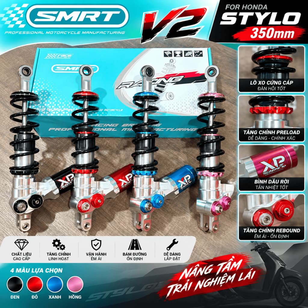 Phuộc SMRT V2 Cho Honda Stylo 350mm – Phuộc Sau Bình Dầu Tăng Chỉnh Preload Rebound