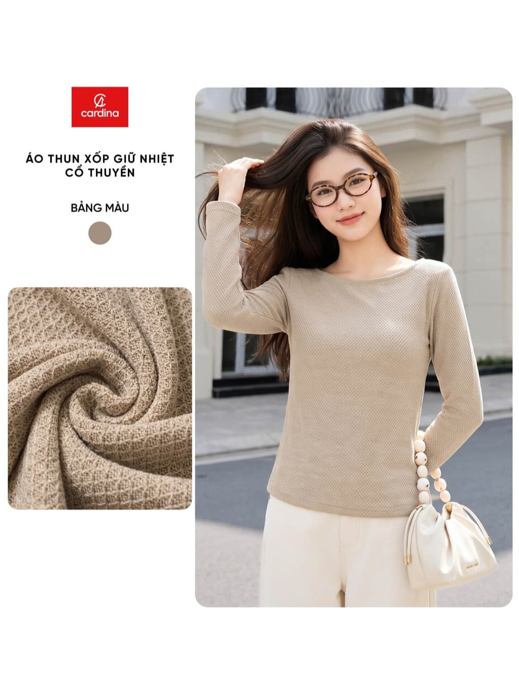 Áo thun nữ CARDINA chất liệu thun xốp dài tay cổ thuyền 6AHF02