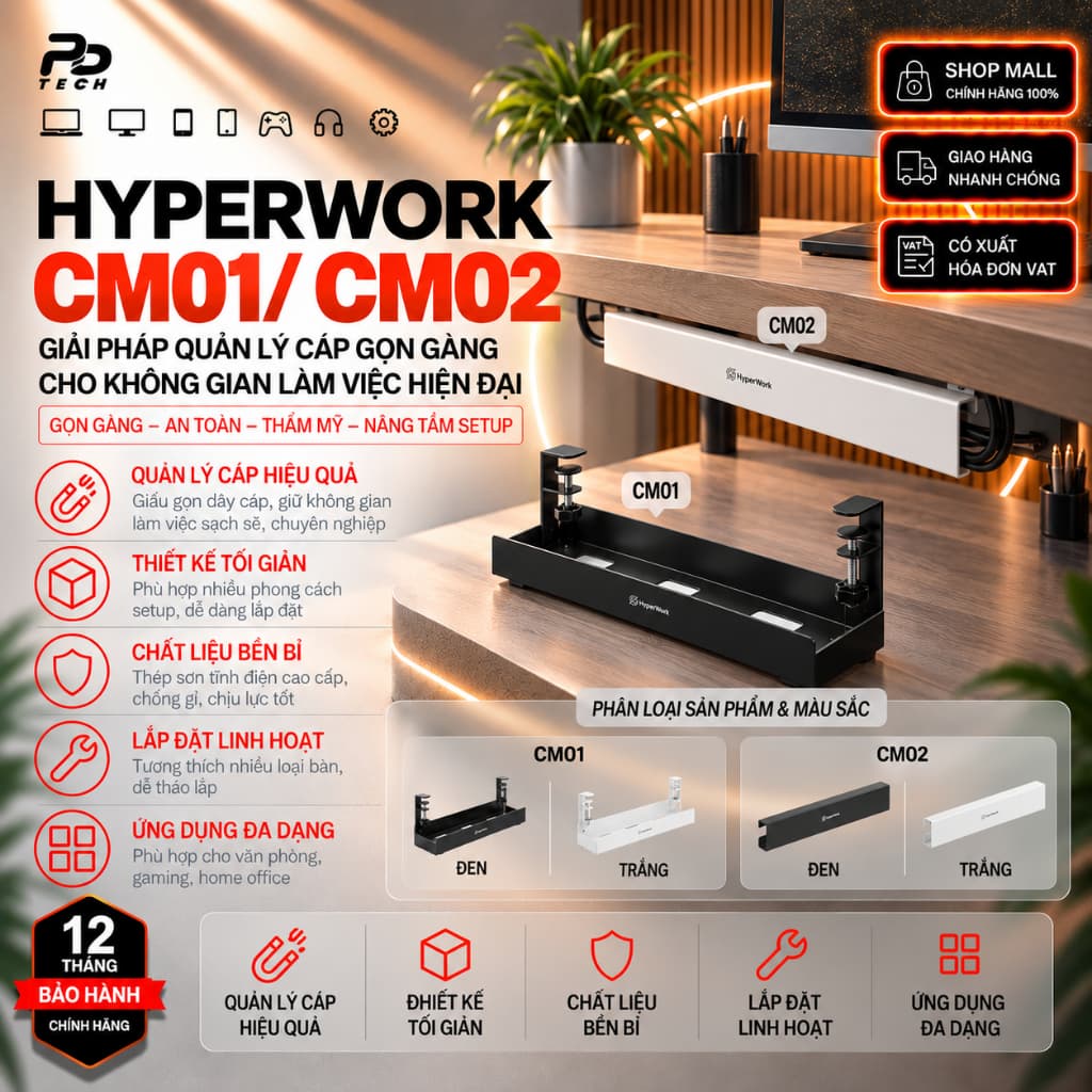 Khay Đi Dây Kẹp Bàn HyperWork CM01 / CM02 / CM03 Chính Hãng – Quản Lý Dây Điện Gọn Gàng
