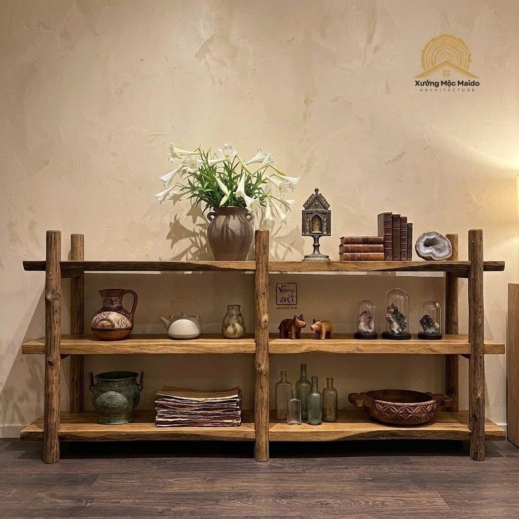 Kệ Trưng Bày 3 Tầng Gỗ Tràm Tự Nhiên, Kệ Decor Bình Gốm, Kệ Trang Trí Phòng Khách Nhà Bếp